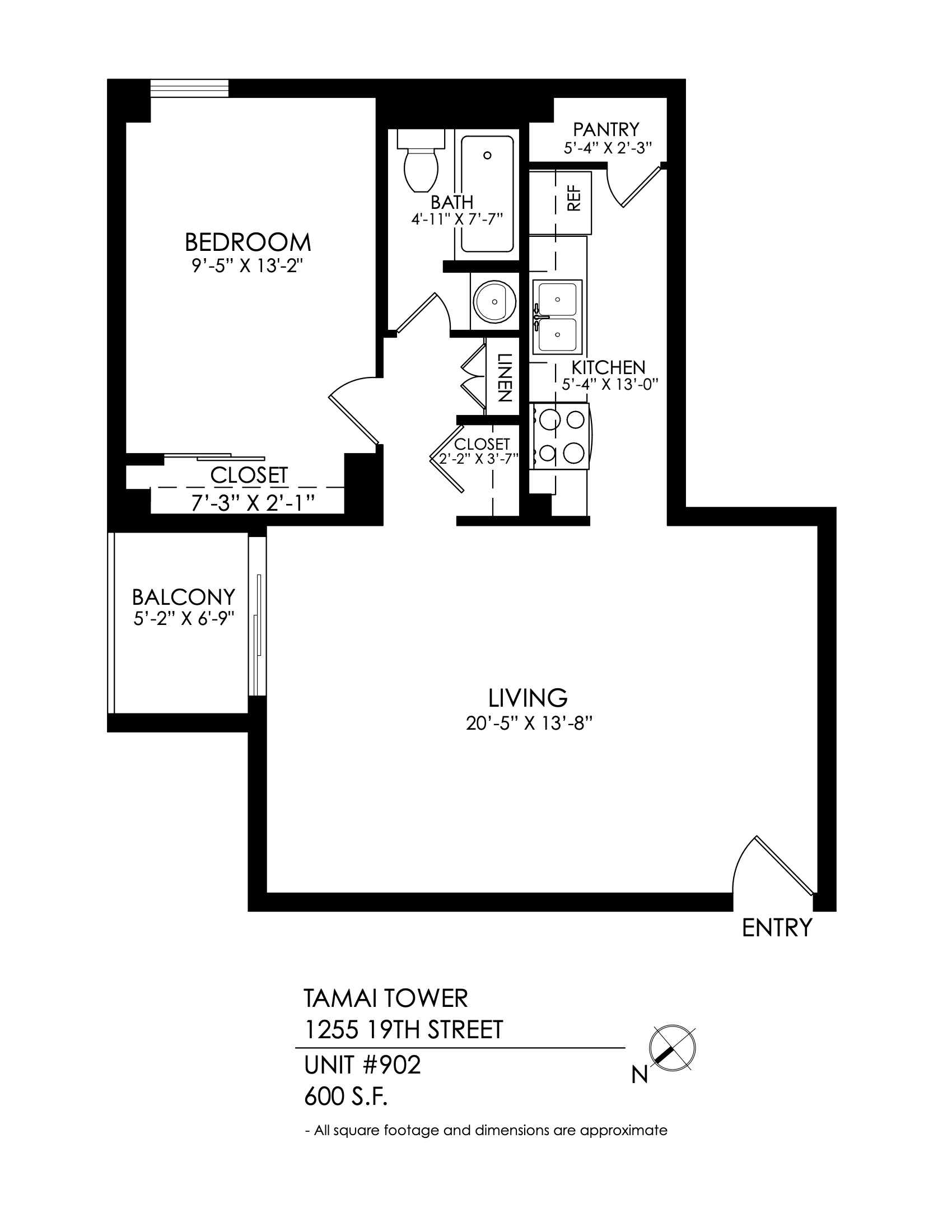 Floor plan for 1 bed, 1 bath, 715 sqft